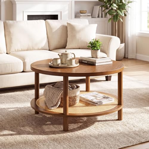 Giantex Rattan Coffee Table 31.5 Round Center Table with Storage & Solid Rubber Wood Legs Boho Accent Cocktail Tea Table Wood Coffee Table for Living Room Small Spaces Brown