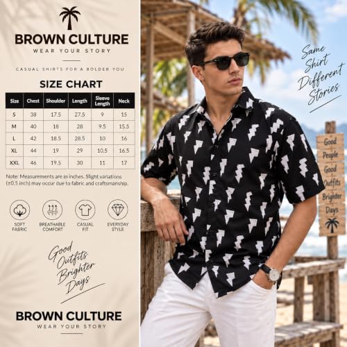 Image of BROWN CULTURE Men's Cotton Blend Printed Shirt with Spread Collared Neck Half Sleeves Oversized Straight Hem Length and Button Down Closure | Formal Shirts for Men