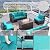 Kullavik 8 Pieces Outdoor Patio Furniture Set Sectional Rattan Sofa Brown Manual Wicker Patio Conversation Set with 43" Gas Propane Fire Pit Table,Blue