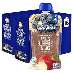 Happy Baby Organics Stage 2 Baby Food Pouches, Gluten Free, Vegan & Healthy Snack, Clearly Crafted Oat & Fruit Puree, Apples, Blueberries & Oats, 4 Ounces (Pack of 16)