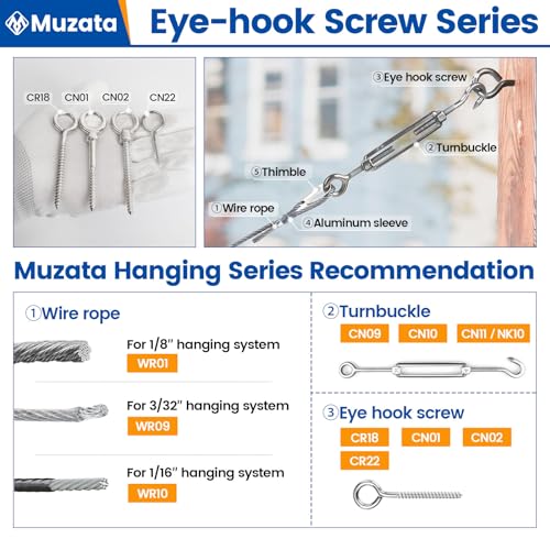 Image of Muzata 20PCS Eye Screws 2 Inch Eye Hook Screw for Wood T316 Stainless Steel M4 Eyelet Hooks Self Tapping for Indoor Outdoor CN22