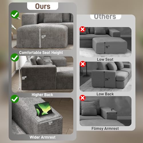 Image of 151 inch Oversized U Shaped Cloud Couches for Living Room, Fluffy Large Modular Sectional Sofa Set with Ottoman Chaise Comfy Corduroy Light Grey Boneless Couch with Cup Holder USB Port