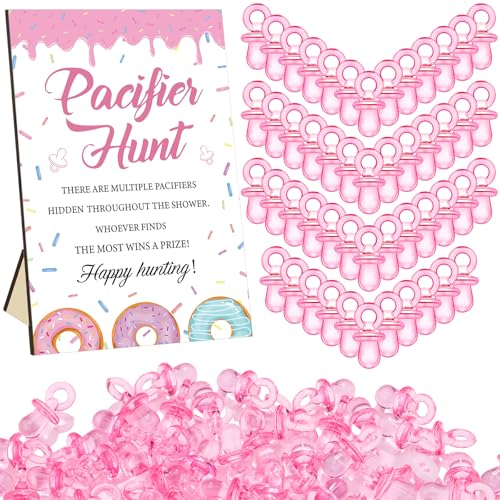 Image of Thyle 51 Pcs Donut Baby Sprinkle Decoration Pacifier Hunt Sprinkled with Love Donut Baby Shower Games Pink Themed Hunt Sign and 50 Acrylic Pacifiers Sets for Gender Reveal Party Favors Guest Supplies
