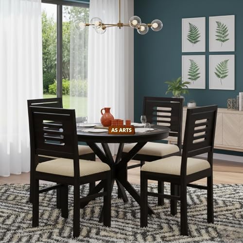 Image of AS Arts Sheesham Wood Round 4 Seater Dining Table Set with Chairs for Home & Dining Room | Solid Wood Dining Set | Dark Walnut Finish