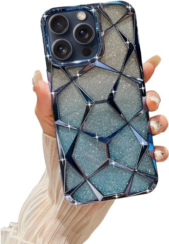 Image of VONZEE Compatible with iPhone 15 Pro Max Gradient Glitter Case, Luxury Electroplated 3D Cube, Diamond Bling Shiny Soft TPU Clear Shockproof Case Women Girls Protective Phone Cover (Blue)