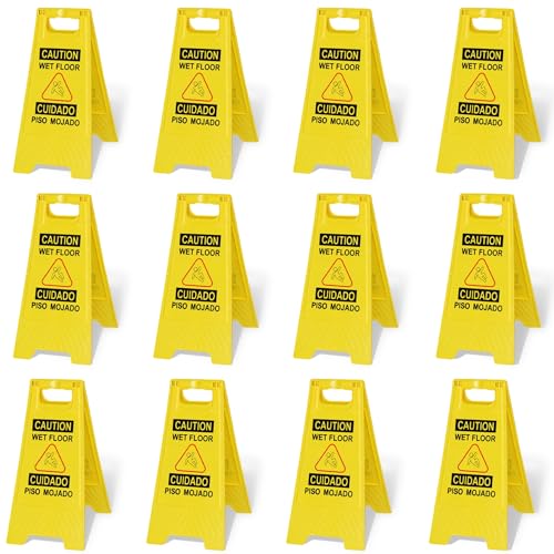 OrangeStar 12-Pack Caution Wet Floor Sign, 23.2” Double-Sided Bilingual Warning Signs for Commercial Use, Foldable A-Shaped Frame Safety Sign, Yellow