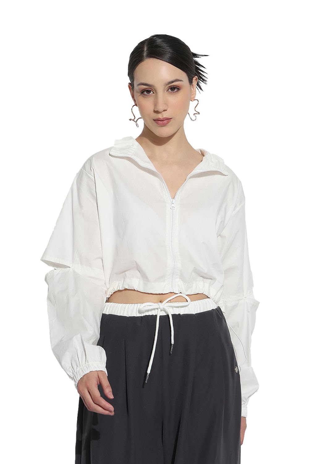 showoffff Women Solid Tailored Jacket | Mock Collar Full Sleeves Cotton Jacket for Womens | Relaxed Fit Crop Jacket for Women's | White-L-picture-11