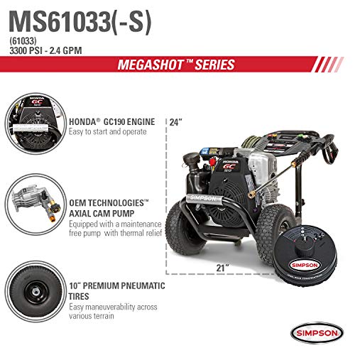 SIMPSON CLEANING MS61033-S 3300 PSI at 2.4 GPM HONDA GC190 with OEM Technologies Axial Cam Pump Cold Water Premium Residential Gas Pressure Washer and Surface Scrubber
