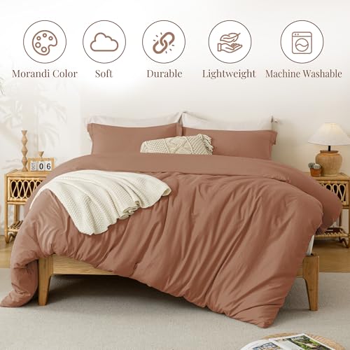 Image of MILDLY Duvet Cover Queen Ultra Soft Comforter Cover Set 3pcs, Mocha | Washed Microfiber Cotton-Like, Breathable Comfort, Hidden Zipper, 8 Corner Ties, OEKO-TEX Certified, Fade Resistant