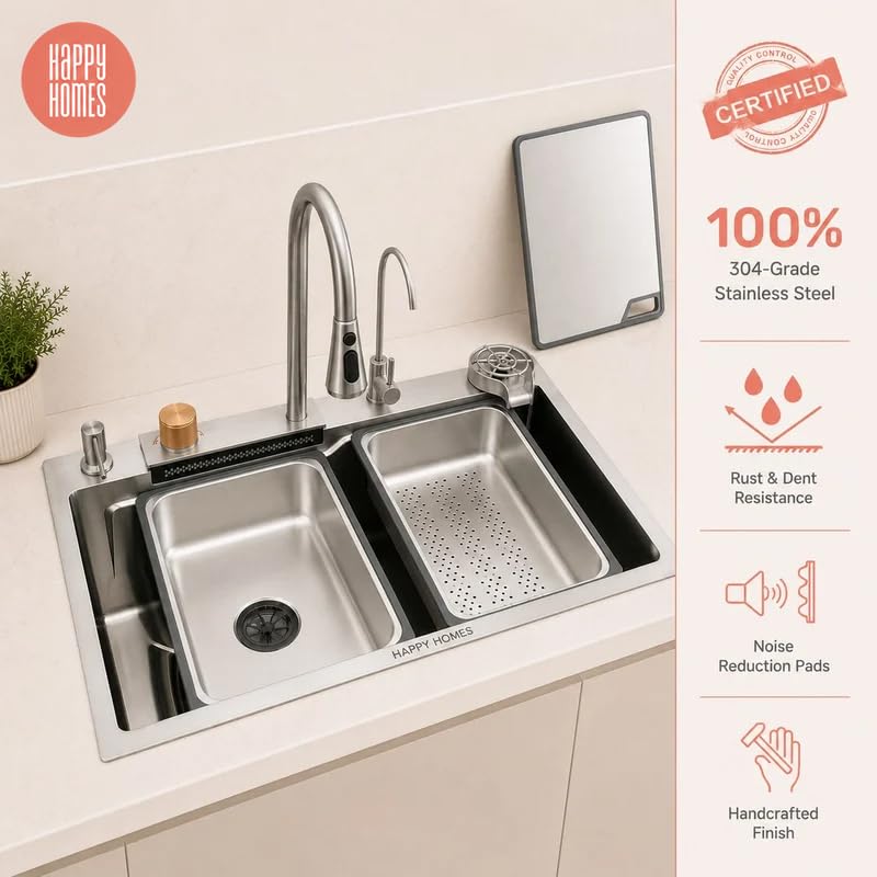 Image of HAPPY HOMES 304 Stainless Steel Kitchen Sink with Integrated Waterfall and Pull-down Faucet Set (30x18x9 inch, Nano Coating HEAVY