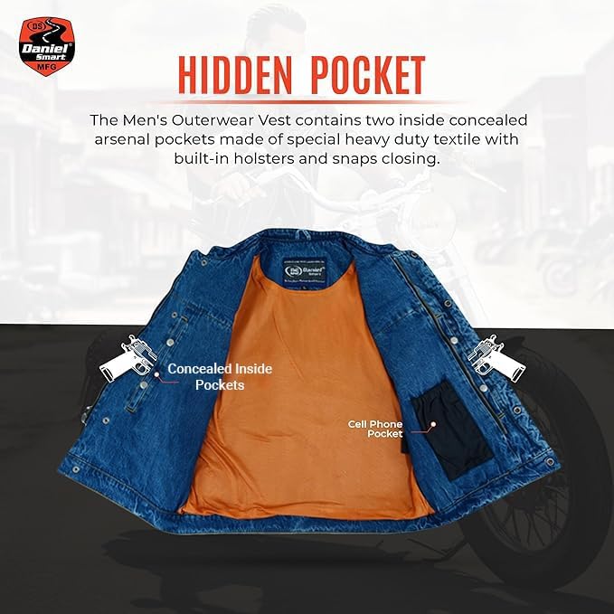 Daniel Smart Men Denim Vest Scoop Collar Motorcycle Vest for Men with Inside Carry Pockets & Hidden Zipper - Image 5