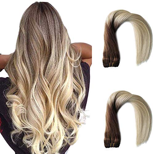 Ombre Sew in Hair Extensions Human Hair Balayage Brown Roots to Platinum Blonde Remy Hair Wefts Natural Weave Bundles Seamless Double Weft Straight Brazilian Hair Bundles for Women 18 Inch 100g