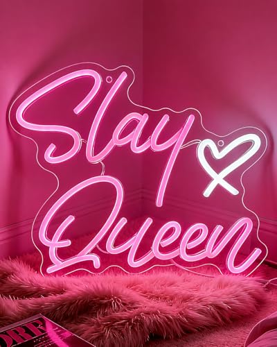 Slay Queen Neon Sign for Bedroom Pink LED Light Up Signs for Wall Decor Dimmable Slay Queen Girls Neon Sign for Sign for Girls Room Bar Office Dorms
