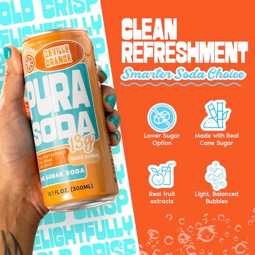 Image of PuraSoda Seville Orange - 12g Pure Cane Sugar Soda, 10 Fl Oz, Pack of 24 | Real Fruit Extract, Non-Gmo Vegan, No Stevia Or Artificial Sweeteners, 13g Cane Sugar, 10 Fl Oz Cans