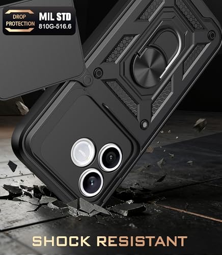Image of Casodon Shockproof Back Case Cover for Honor 600 Lite 5G, Shockproof Honor 600 Lite Back Cover, Ring Case with Kickstand and Camera Protection Shutter - Black
