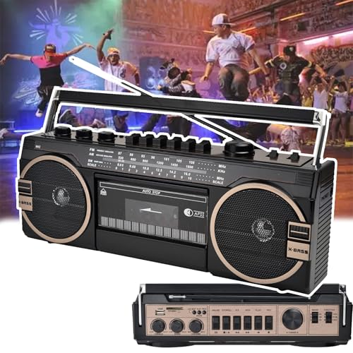 Portable Bluetooth Boombox- AM/FM/SW1-2 Three Bands, with Big Speaker+ Earphone Jack, USB Port, Aux in Tape Recorder, Classic 80S Style with Modern Technology,A