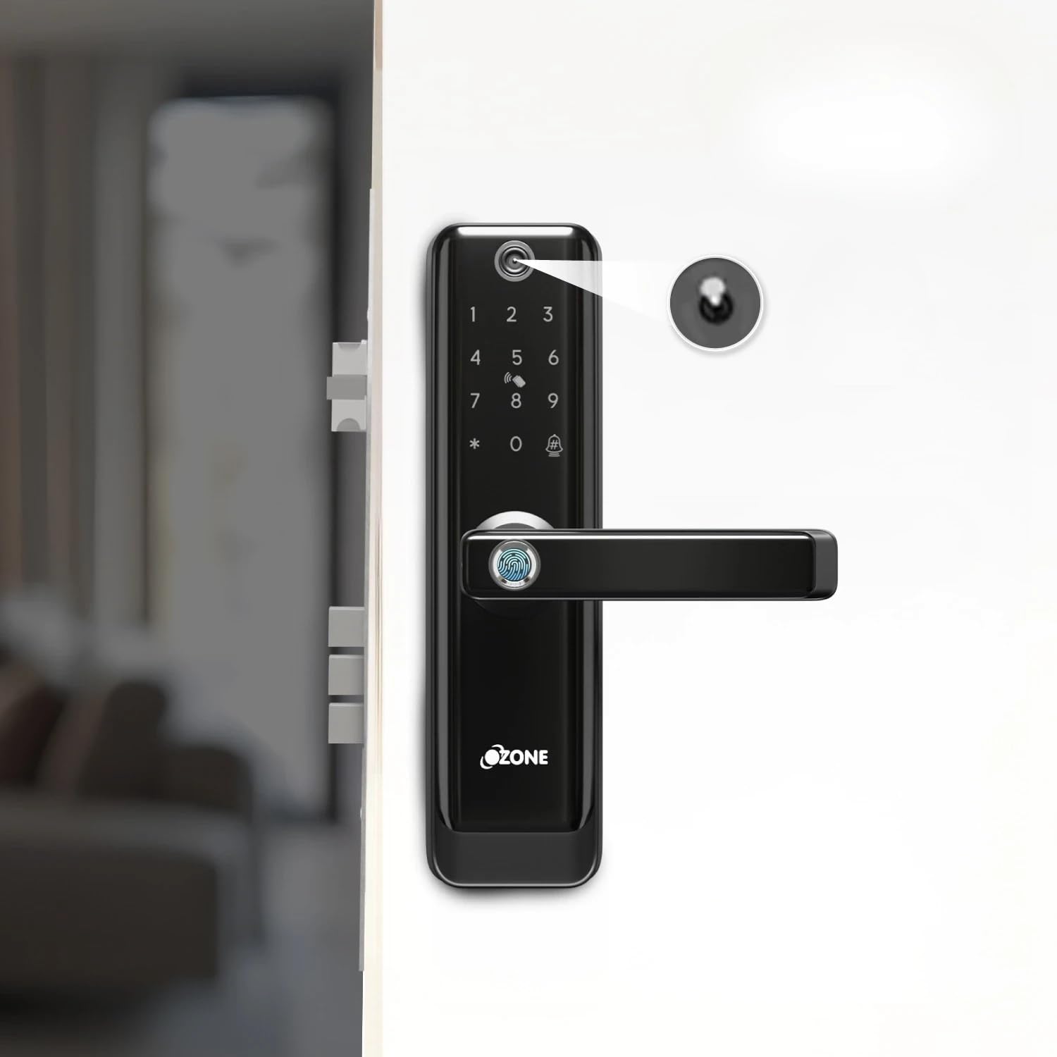 Ozone Smart Door Lock with Camera, Wi-Fi Enabled, 6 Way Access (Fingerprint, Password, RFID, App, OTP Unlock, Emergency Key), Auto Secure Alarm, USB Backup, Black, 2 Year Warranty + Free Installation