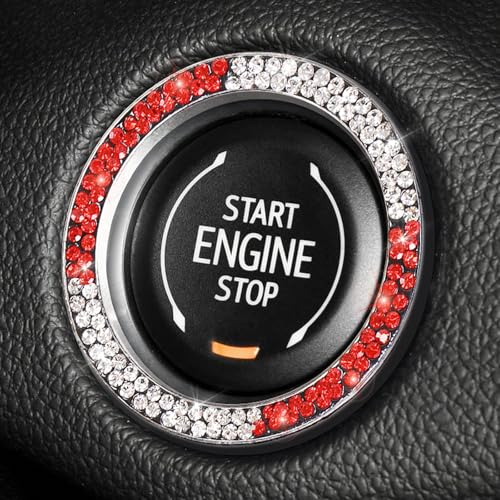 Image of ToBeQueen White and Red Bling Push to Start Button Ring Emblem Sticker, Crystal Diamond Rhinestone Start Buttone Cover Car Decor, Red and White Car Accessories for Women