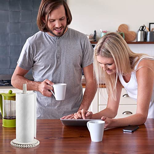 Farmhouse Paper Towel Holder Washed Beaded Paper Towel Stand Wood Paper Hanger Rack Standing Towel Roll Stand Organizer Paper Roll Holder Roll Dispenser For Kitchen Bathroom Countertop Cabinet, White #TOP5