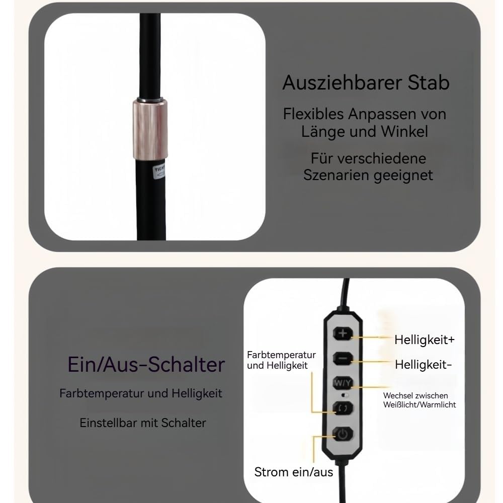 Półksiężyc lampa LED do rzęs, lampa stojąca, ściemniana lampa kosmetyczna, obracana o 360°, z regulacją wysokości, z uchwytem na telefon komórkowy, do przedłużania rzęs, tatuażu, studia