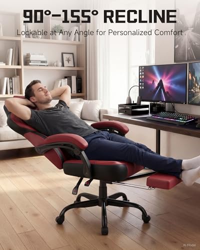 Image of GTPLAYER Gaming Chair for Adults, Ergonomic High Back Chair with Footrest | Big & Tall Computer Video Gaming Chair, Comfort Wide Seat with Lumbar Support for Big /Tall, Office /Home, Leather, Wine Red
