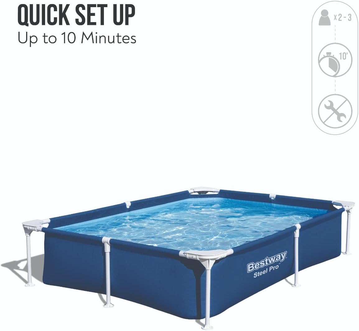 Bestway Steel Pro Pool with text 'QUICK SET UP Up to 10 Minutes' and icons for 2-3 people and no tools