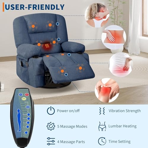 Image of Oversized Manual Swivel Recliner Chair for Adults, 360 Swivel Rocker Glider with Vibration Massage & Heat, Extra Wide Chenille Fabric Lazy Chair for Living Room Bedroom, Blue Chenille