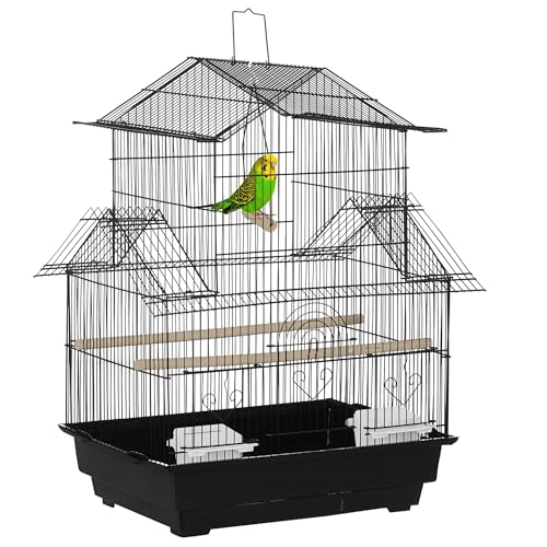 PawHut Jaula para Pájaros de Acero Pajarera con Comederos Perchas Columpio y Bandeja Extraíble Jaula Grande para Loros Canario Periquito 50,5x41x63 cm Negro