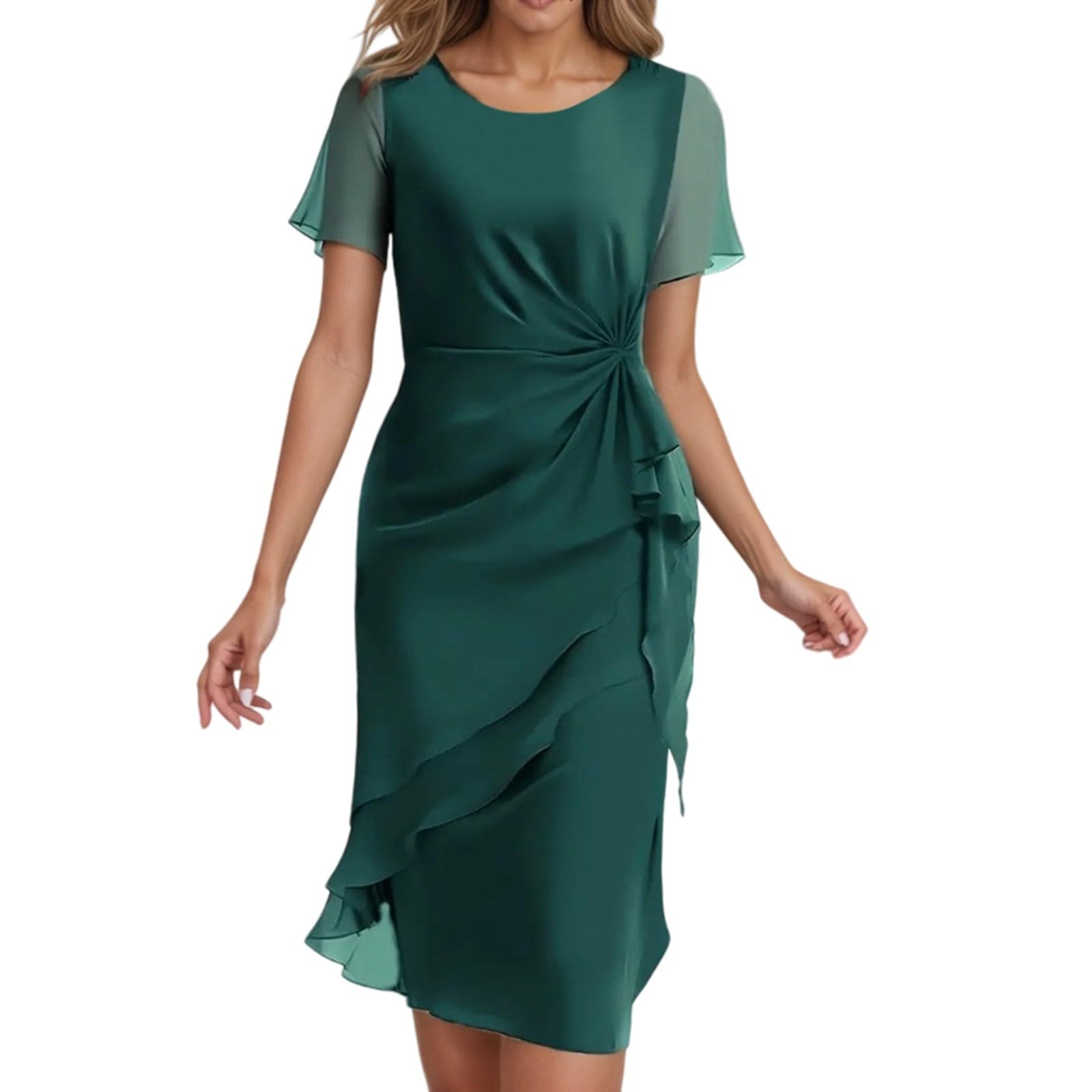 Robe Femme Ete Robe de cocktail élégante en mousseline de soie pour femme, col rond, tenue de soirée, idéale pour un mariage, des vacances, un rendez-vous galant, un printemps, un été, une formelle