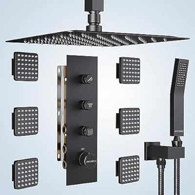 Bostingner Full Body Spray Shower System, 16 Inch Thermostatic Rainfall Shower System with 6 Body Spray Jets (Can All Run Together) Shower Faucets with Body Jets, Shower Valve Included, Matte Black