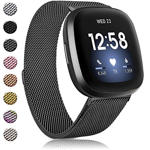 Image of Amzpas Bands Compatible with Fitbit Versa 3 Fitbit Sense, Breathable Stainless Steel Loop Mesh Magnetic Adjustable Wristband for Fitbit Versa 3 / Sense for Women and Men