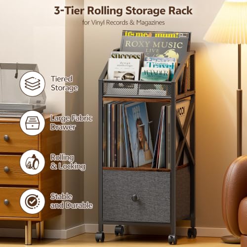 Portin Rolling Vinyl Record Storage Cart, 3 Tier LP Organizer Rack — view 4