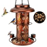 Solar Bird Feeders for Outside Wild Bird Feeders with 3 Water Cups and Food Tray, Metal Bird Feeders for Outdoor Hanging in The Trees&Hooks, Solar Lantern Decorations for Garden, Patio,(Coppery)