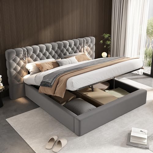 Oslghy Cama Tapizada 180x200, Cama Doble con LED iluminación y Espacio de Almacenamiento, Hidráulica Modern Cama Matrimonio Juvenil con Cabecero Ancho y Suave y Somier, Gris, Terciopelo, Sin Colchón