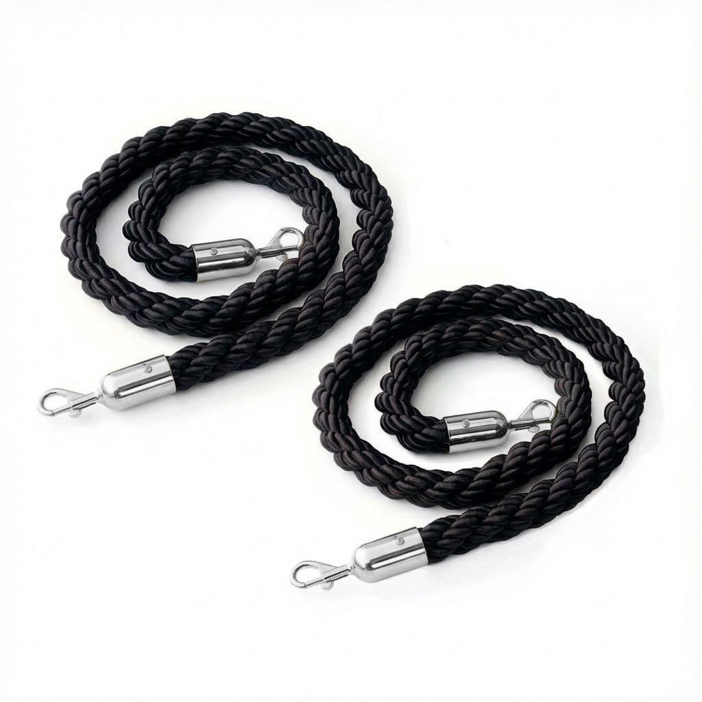 Cordel de barrera con gancho de 150 cm, 2 unidades, cuerda trenzada con cierre de acero inoxidable, cinta de barrera para postes de barrera y postes VIP, diámetro de 32 mm, negro/plateado