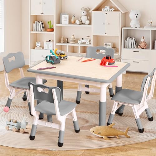 Garvee Kids Table and 4 Chair Set,32 in Height Adjustable Toddler Table and Chairs Set with Non-Slip Desk Legs&Organizer Graffiti Desktop, Preschool A