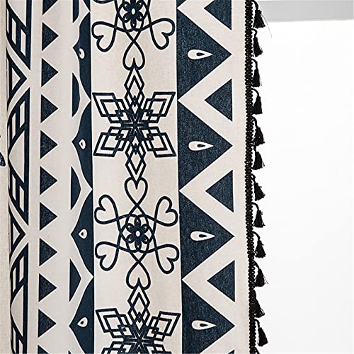 Deeprove Boho Curtain 63 Inches Long, White Cream Cotton Linen Bohemian Print Black Tassel, Blue Mandala Geometric Semi-Blackout Window Panel Fringe Drape For Living Room, Rod Pocket 1 Panel 59"X 63" #TOP3