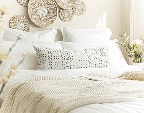 Blissblush Off White Black Boho Long Lumbar Pillow Cover 14X36, Soft Chenille Pattern Decorative Throw Lumbar Pillow Cover 14X36 Inch, Bohemian Textured Bed Lumbar Pillow, Cover Only #TOP3