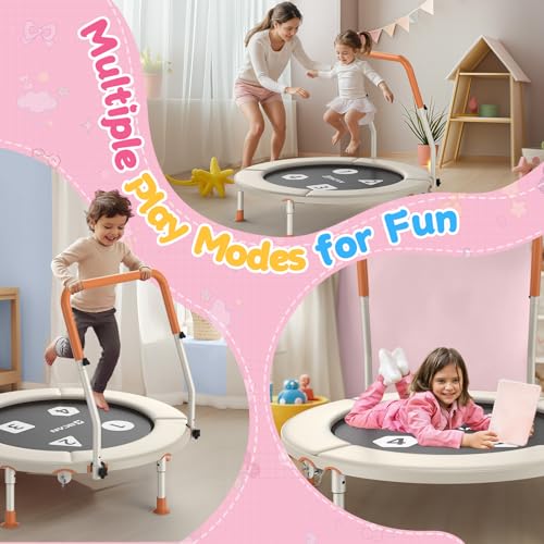 BCAN BT1 36'' Toddler Trampoline, ASTM Certified-Foldable Mini Trampolines for Kids Ages 1-6, Adjustable Handle, Safety Pad & Foldable Legs, Baby Trampoline Indoor/Garden, Gift for Boy and Girl, Beige - image 7
