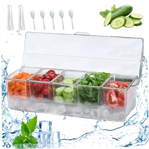 Buffet Trays With Lids, Safe Serving Dishes with 5 Removable Compartments on Ice, Clear Pizza Topping Station Serving Platters for Parties with Handle for Fruit, Snack, Sauce, Salad