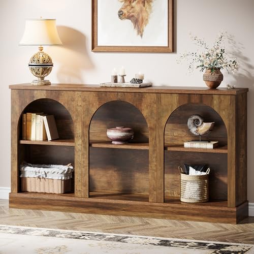 Tribesigns Farmhouse Console Table, 63-Inch Long Entryway Table with 3 Tier Storage, Wooden Rectangular Sofa Table Behind The Couch for Entrance, Hallway, Living Room, Brown | Entryway Table, 3 Tier Storage, Rectangular, Sofa Table, Behind The Couch, Entrance