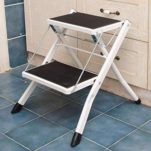 Escabeau Pliable 2 Marches - Revêtement Antidérapant - Charge 120 Kg Par Marche - Acier Blanc - 42 X 48 X 41,5 Cm