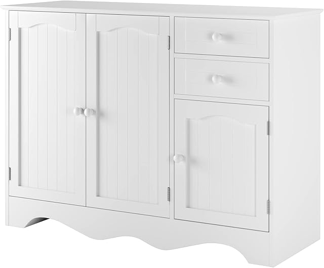 HOCSOK Wooden Sideboard, Cabinet with Doors and Drawers, Floor Side Cupboard for Living Room, Bedroom, Dining Room, Kitchen, White, 105x40x78cm