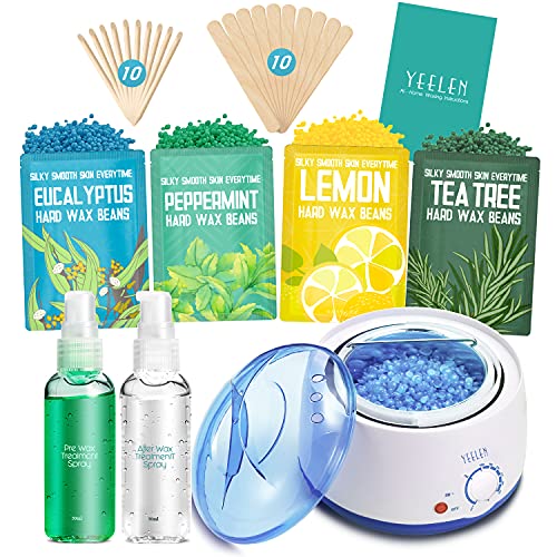 Yeelen Wax Warmer Hair Removal Waxing Kit Wax Melts 4 Hard Wax Beans for Full Body Brazilian Bikini, Legs, Face, 20 Wax Applicator Sticks, At Home Waxing Kit for Women and Men (blue)
