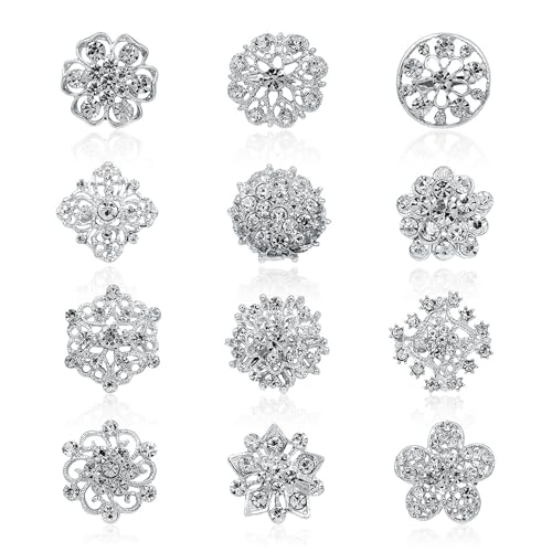 Rumyve Crystal Brooch - 12 Pcs Women's Blouse Wedding Brooch for Wedding Party, Home Decor & DIY Christmas Crafts (Sliver)