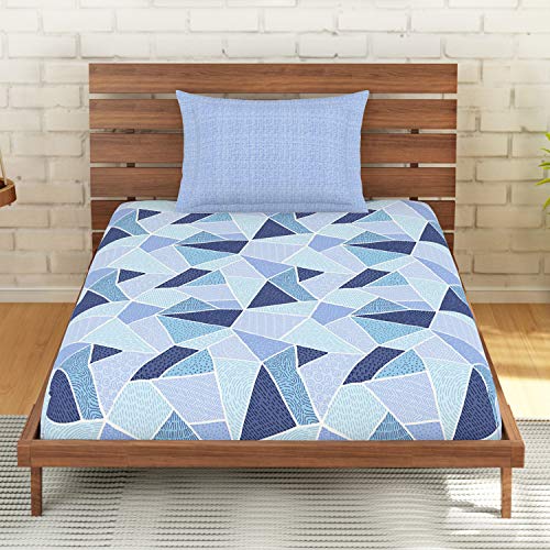 Image of Spaces Atrium 144 TC 100% Cotton Single Bedsheet with 1 Pillow Cover (Geometric, 60 inch X 88 inch Inches) - Serenity, Blue