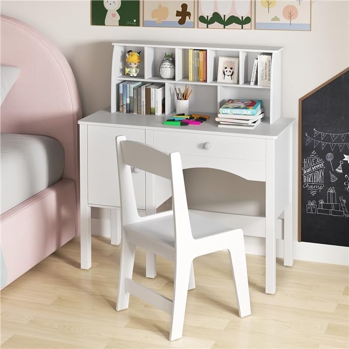 GLACER Kids Desk and Chair Set, Wooden Children Study Table with Hutch, Shelves, Storage Cabinet and Drawer for Writing, Reading, Drawing, School Student Desk for Bedroom, 3+ Years Old (White)