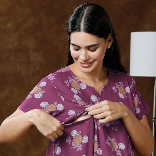 Image of MomToBe Women's Cotton Maxi Maternity Nighty /Feeding Nighty /Pregnancy Night Gown /A-Line Nursing Nighty with Zippers for Nursing Pre and Post Pregnancy