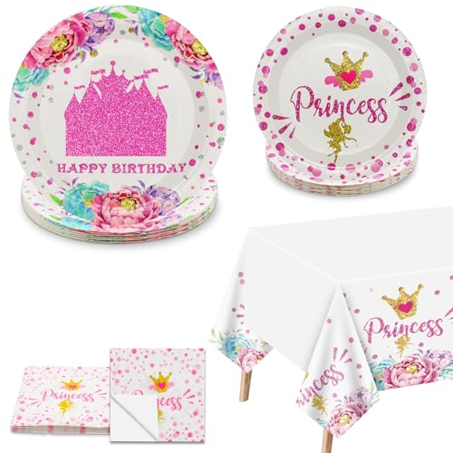 Décorations de fête de princesse - Décorations de château comprenant des assiettes en papier, des serviettes et une nappe rose pour fête prénatale -...