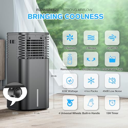 Portable evaporative air conditioning, 120 degree oscillation, 3 speeds and 3 modes, 2 litre water tank and 4 boxes with 22 view 2